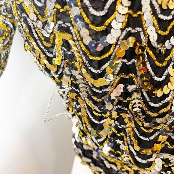 Vintage 80s Three Flaggs XS Sequin Top Black Gold Flashy Dolman Blouse Stretch - Picture 7 of 16